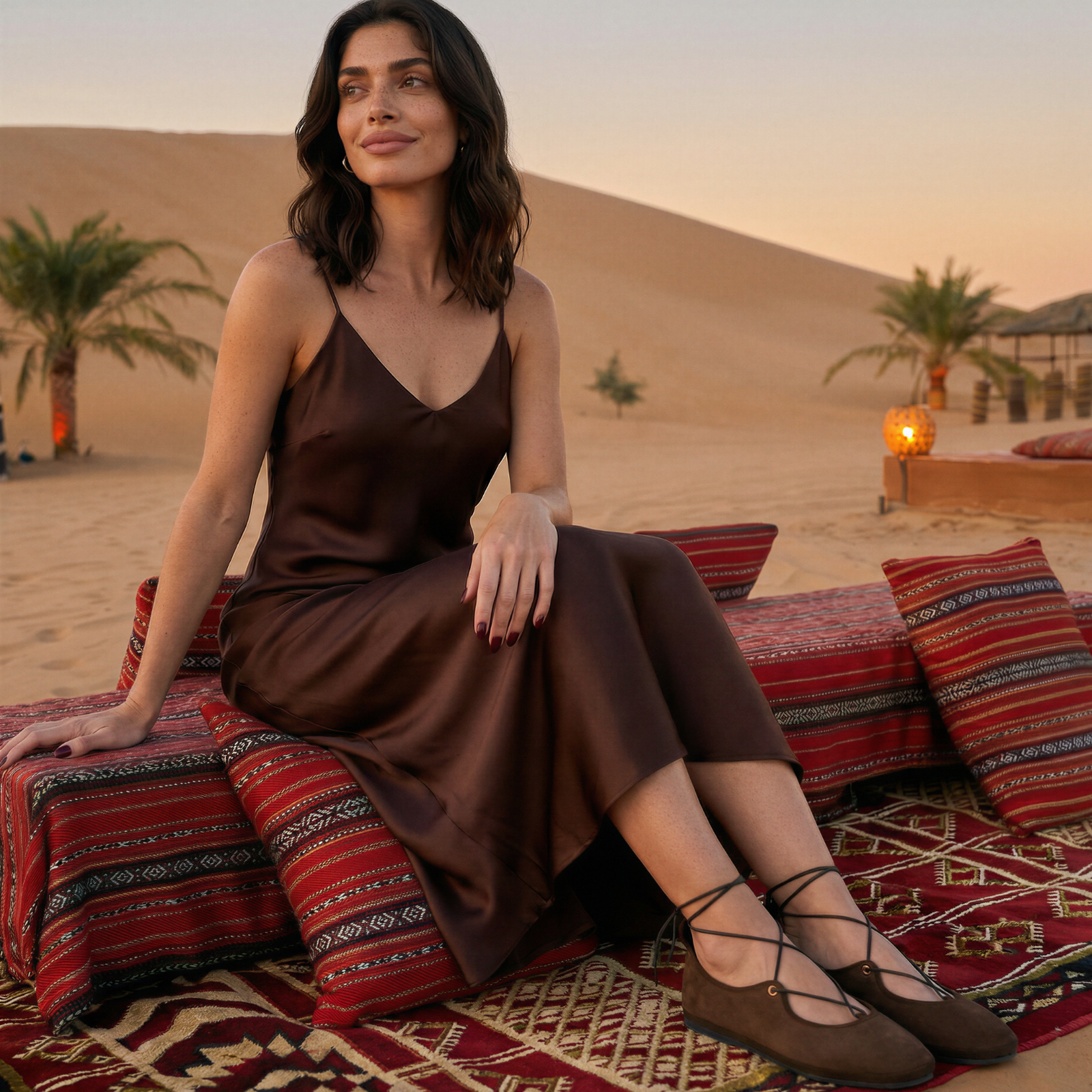 Woman in a brown dress sitting on a patterned rug in a desert setting with palm trees and a sunset.
